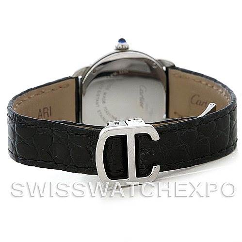 The image shows the back view of a Cartier Ronde W6700155 Women's Stainless Steel Silver Dial W6700155 Women's Stainless Steel Silver Dial watch, highlighting its black leather strap and silver buckle.