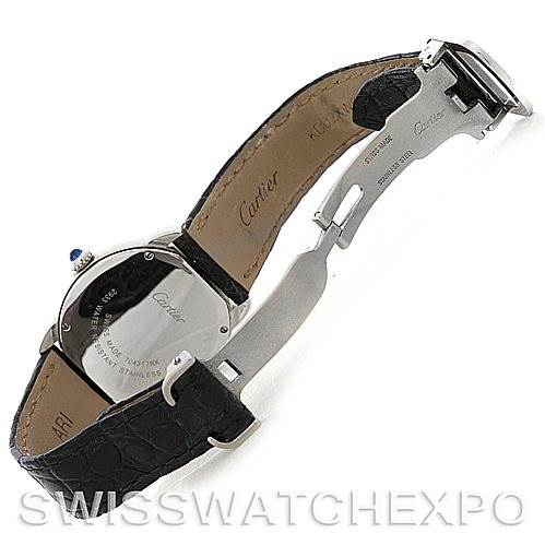 The image shows the open clasp and back of the Cartier Ronde W6700155 Women's Stainless Steel Silver Dial W6700155 Women's Stainless Steel Silver Dial watch, highlighting the leather strap and engraved details.