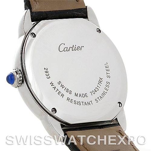 This image shows the back case and crown of a Cartier Ronde W6700155 Women's Stainless Steel Silver Dial W6700155 Women's Stainless Steel Silver Dial watch, highlighting its stainless steel back and water resistance details.