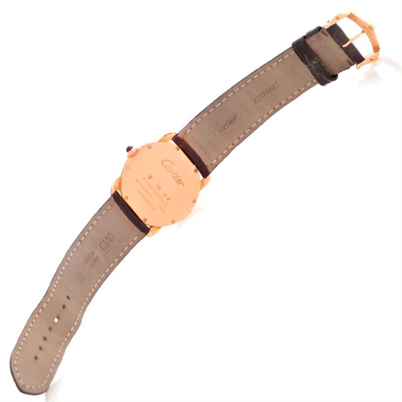 This image shows the back view of the Cartier Ronde W6800151 Women
s Rose Gold Silver Dial W6800151 Women
s Rose Gold Silver Dial watch, displaying the strap, buckle, and case back.