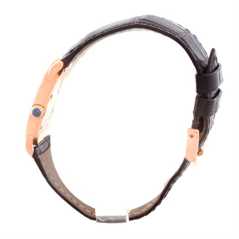 The image shows a Cartier Ronde W6800151 Women
s Rose Gold Silver Dial W6800151 Women
s Rose Gold Silver Dial watch from a side angle, highlighting the crown, strap, and clasp.