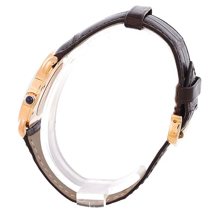 Side view of the Cartier Ronde W6800151 Men
s Rose Gold Silver Dial W6800151 Men
s Rose Gold Silver Dial model showing the strap, buckle, and profile of the watch case with crown.