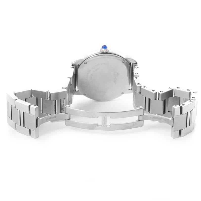 The image shows the back view of the Cartier Ronde W6701004 Women's Stainless Steel Silver Dial W6701004 Women's Stainless Steel Silver Dial watch with its metal bracelet unclasped.