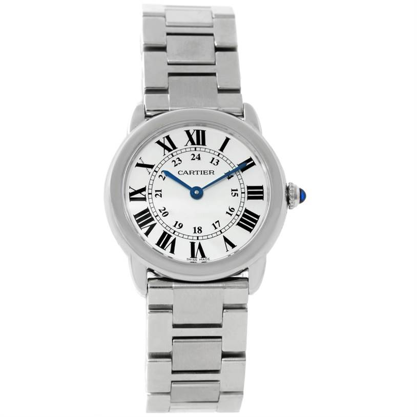 This image shows a Cartier Ronde W6701004 Women's Stainless Steel Silver Dial W6701004 Women's Stainless Steel Silver Dial model watch from a front view, displaying its dial, case, bezel, bracelet, and blue-hued crown.
