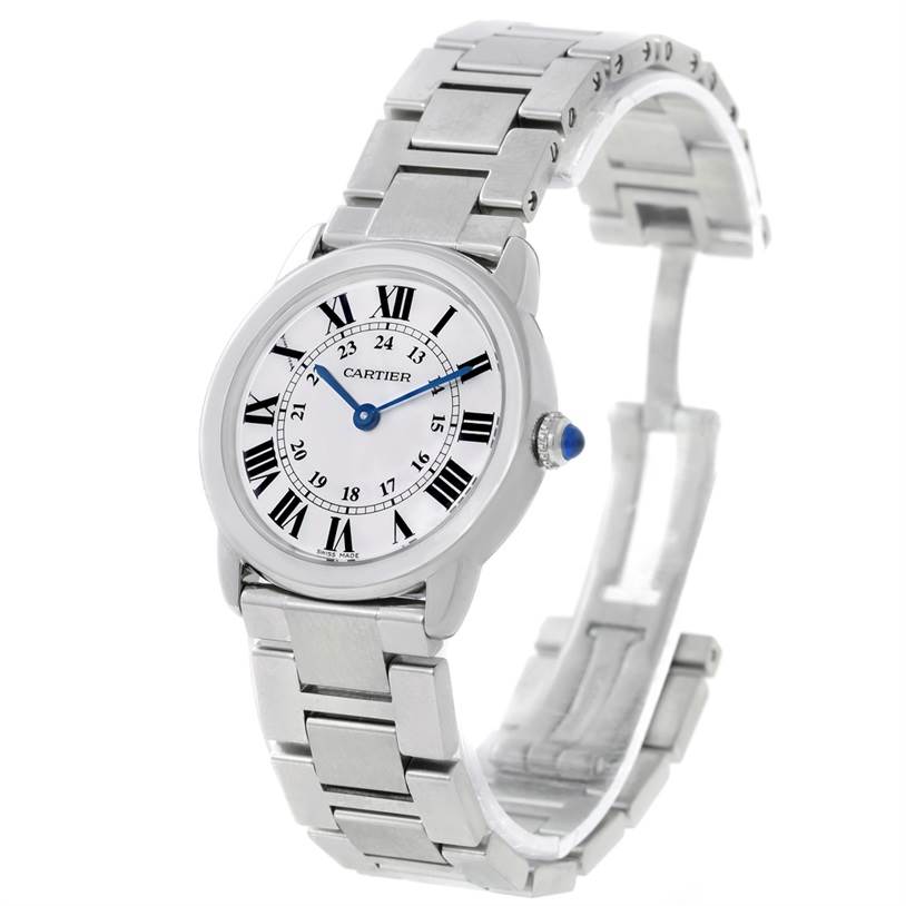 This image shows a Cartier Ronde W6701004 Women's Stainless Steel Silver Dial W6701004 Women's Stainless Steel Silver Dial model watch at a three-quarter view, displaying its face, crown, and bracelet.