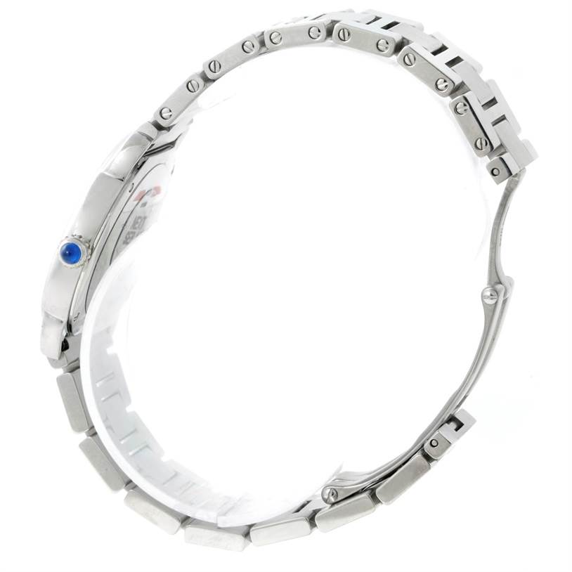 The Cartier Ronde W6701004 Women's Stainless Steel Silver Dial W6701004 Women's Stainless Steel Silver Dial watch is shown from a side angle, highlighting its casing, crown, and metal bracelet.