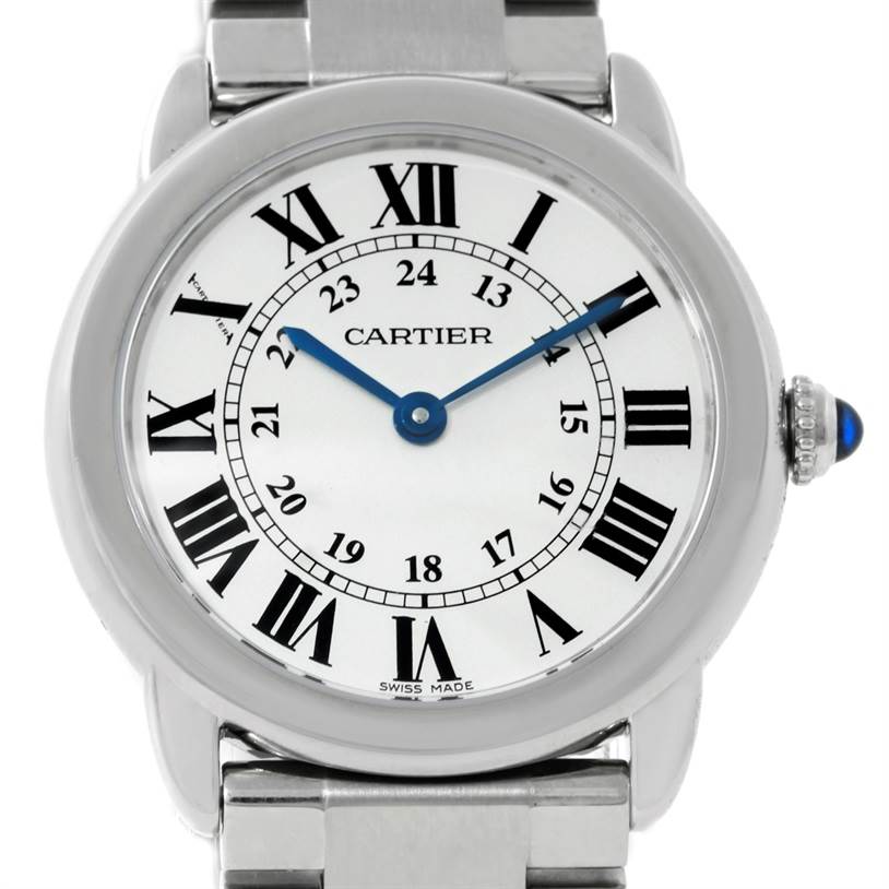 This is a close-up front view of the Cartier Ronde W6701004 Women's Stainless Steel Silver Dial W6701004 Women's Stainless Steel Silver Dial watch, showcasing its face, bezel, and part of the bracelet.