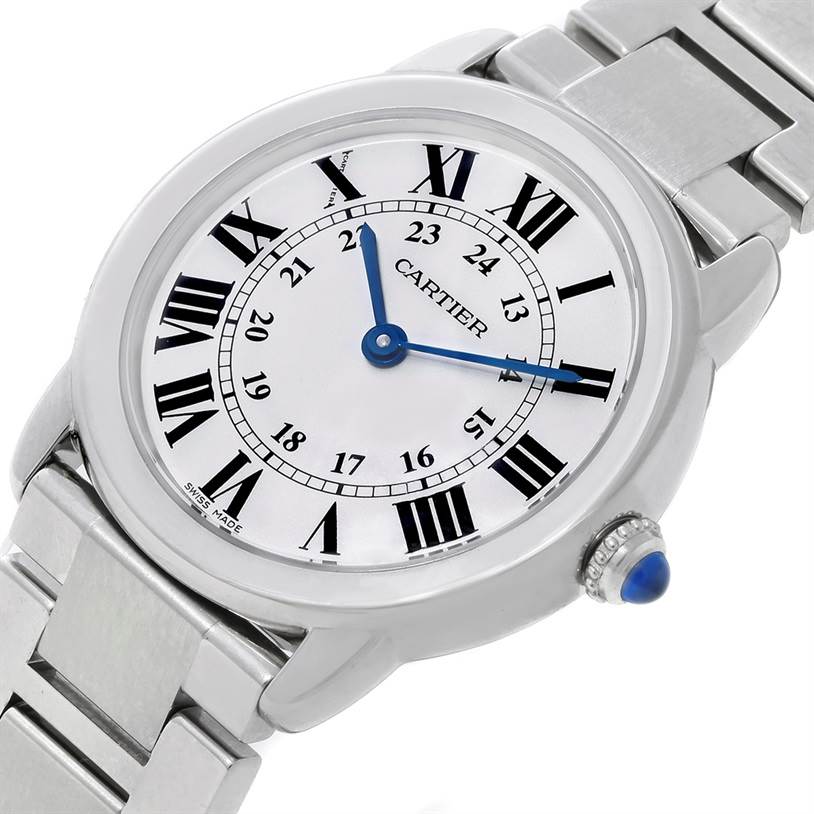 This image shows a close-up angle of the Cartier Ronde W6701004 Women's Stainless Steel Silver Dial W6701004 Women's Stainless Steel Silver Dial watch, highlighting the face, crown, and metal bracelet.