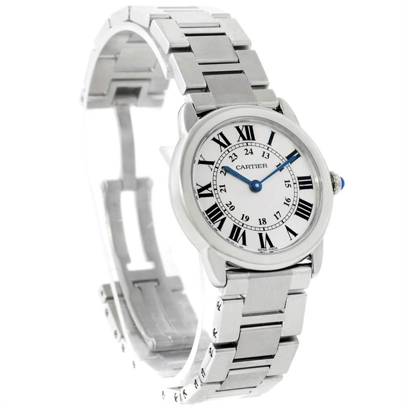 The image shows a side perspective of the Cartier Ronde W6701004 Women's Stainless Steel Silver Dial W6701004 Women's Stainless Steel Silver Dial watch, displaying the round dial, Roman numeral hour markers, and metal bracelet.