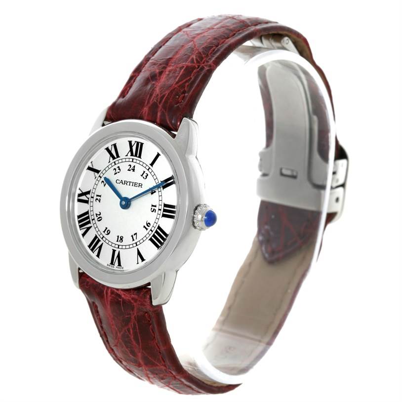 The Cartier Ronde W6700155 Women
s Stainless Steel Silver Dial W6700155 Women
s Stainless Steel Silver Dial watch is shown at a three-quarter angle, highlighting the dial, strap, and clasp.