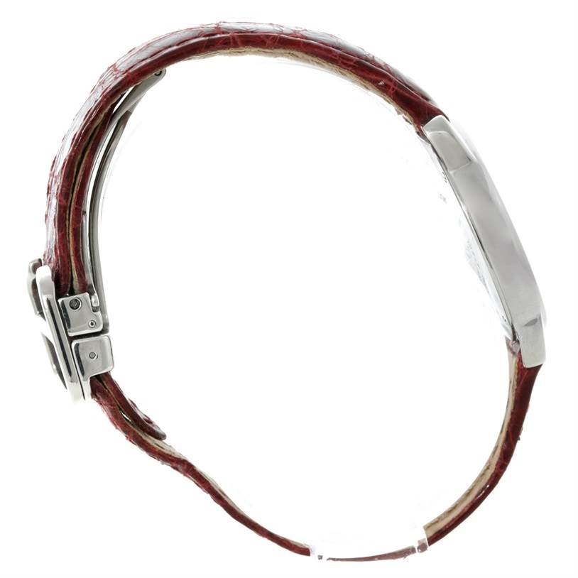 The image shows a side profile of the Cartier Ronde W6700155 Women
s Stainless Steel Silver Dial W6700155 Women
s Stainless Steel Silver Dial watch, highlighting the case, crown, and leather strap.