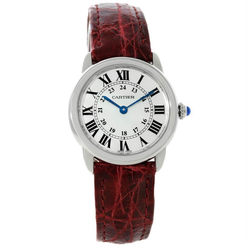 This image shows a frontal view of a Cartier Ronde W6700155 Women
s Stainless Steel Silver Dial W6700155 Women
s Stainless Steel Silver Dial watch, highlighting its Roman numeral dial and brown leather strap.