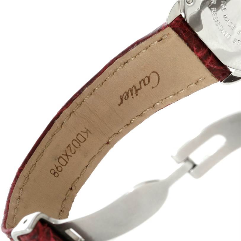 The image shows the back side of the leather strap and part of the clasp for a Ronde model watch by Cartier.