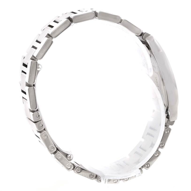 This image shows a side view of the metal bracelet and bezel of the Cartier Ronde W6701004 Women
s Stainless Steel Silver Dial W6701004 Women
s Stainless Steel Silver Dial watch.