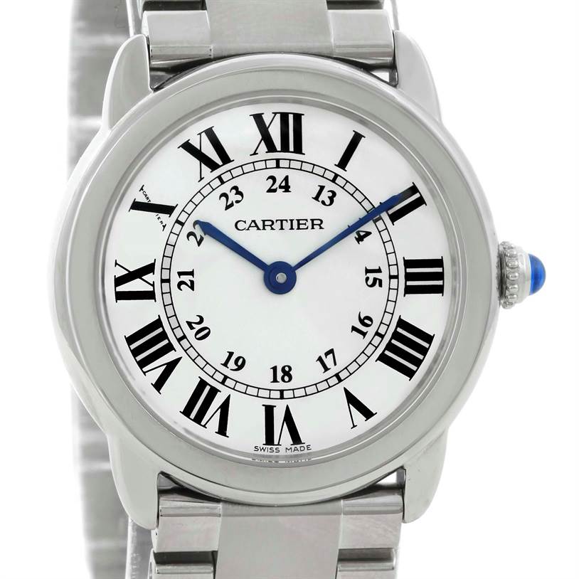 The Cartier Ronde W6701004 Women
s Stainless Steel Silver Dial W6701004 Women
s Stainless Steel Silver Dial watch is shown from a front angle, displaying its face, bezel, crown, and part of the bracelet.