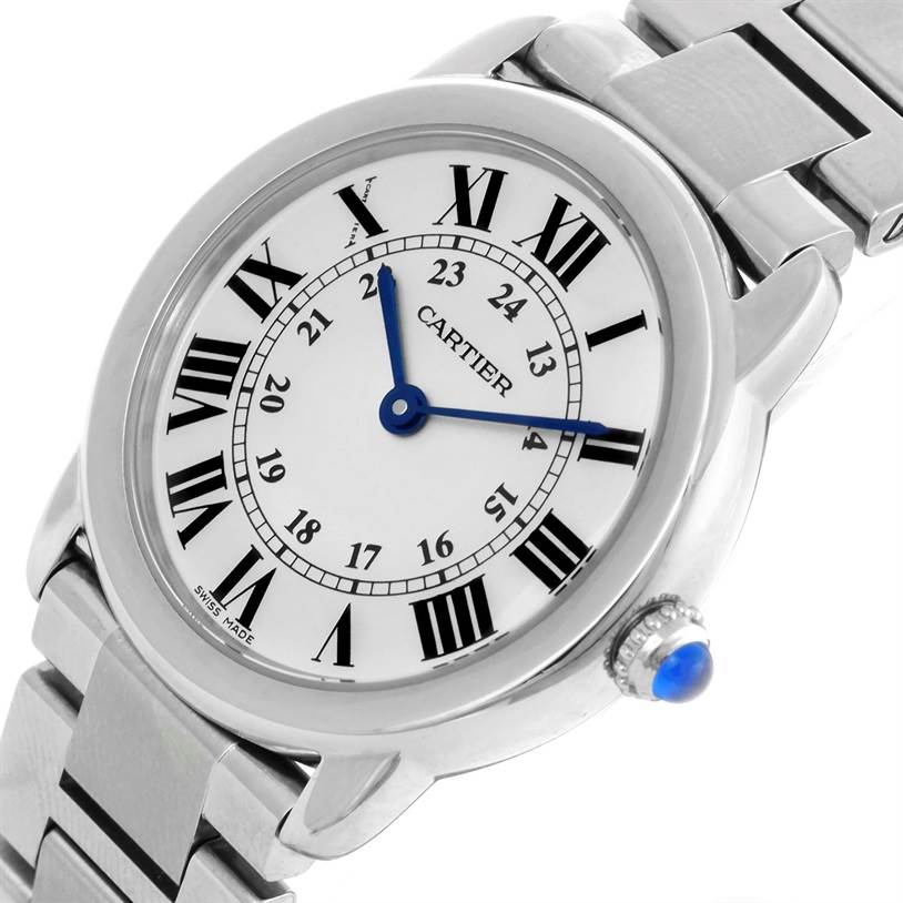 This image shows a close-up angled view of the Cartier Ronde W6701004 Women
s Stainless Steel Silver Dial W6701004 Women
s Stainless Steel Silver Dial watch, highlighting its face, bezel, crown, and part of the bracelet.