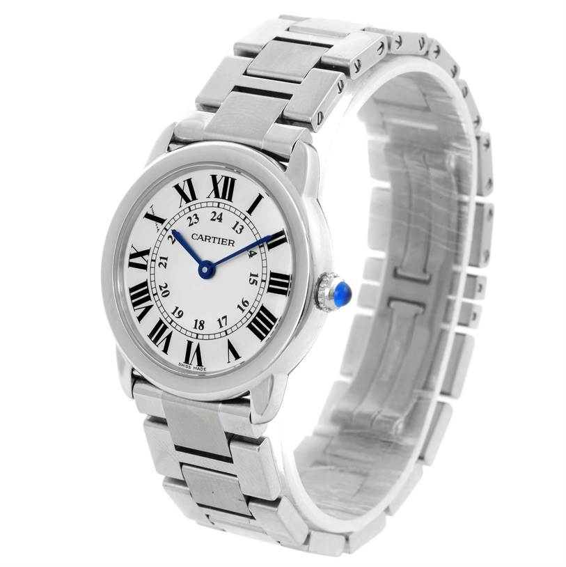 This image shows the face and bracelet of the Cartier Ronde W6701004 Women
s Stainless Steel Silver Dial W6701004 Women
s Stainless Steel Silver Dial model watch at a three-quarter angle.