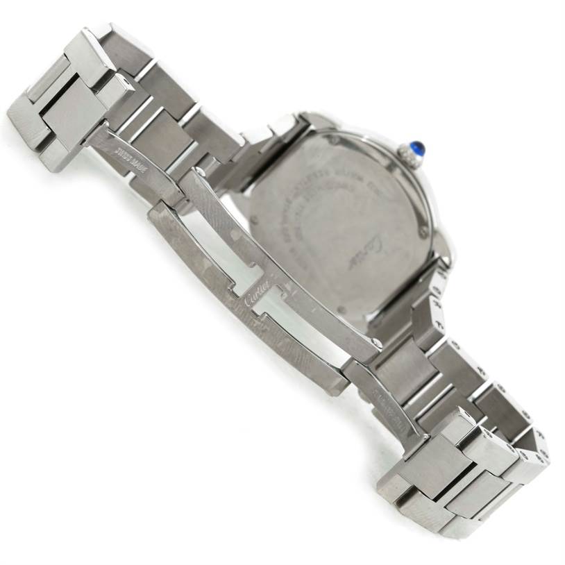 This image shows the back and metal bracelet of a Cartier Ronde W6701004 Women
s Stainless Steel Silver Dial W6701004 Women
s Stainless Steel Silver Dial watch, highlighting the deployment clasp and case back.