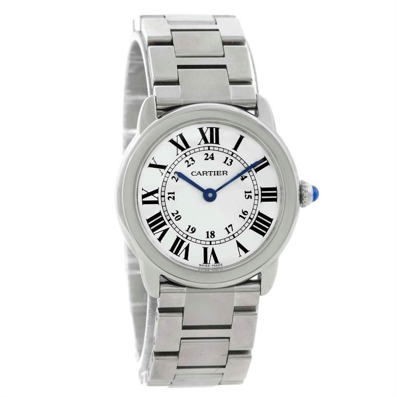 This image shows the front view of a Cartier Ronde W6701004 Women
s Stainless Steel Silver Dial W6701004 Women
s Stainless Steel Silver Dial watch, displaying the face, Roman numerals, and stainless steel bracelet.