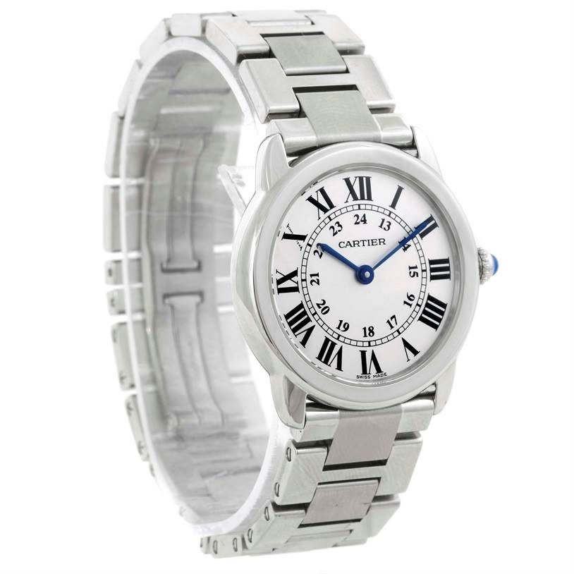 The image shows a Cartier Ronde W6701004 Women
s Stainless Steel Silver Dial W6701004 Women
s Stainless Steel Silver Dial watch from a front angle, featuring its dial, bezel, and metal bracelet.