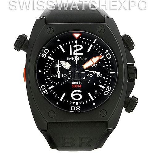 This image shows a front view of a Bell & Ross BR 02-94 Chronograph, highlighting its black dial, bezel, and three subdials.