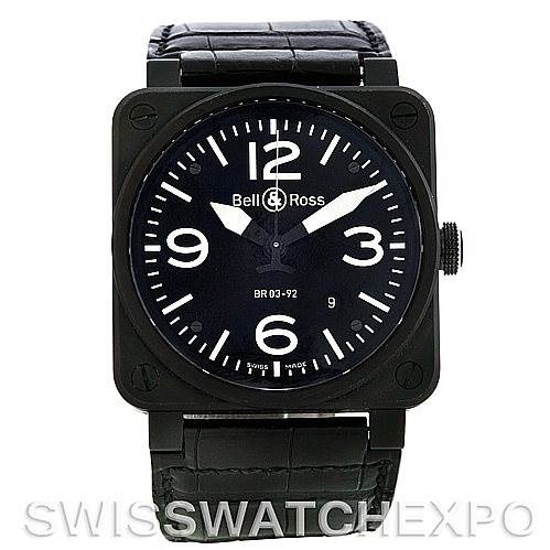 The image shows a front view of the Bell & Ross BR03-92-S Men's Stainless Steel Black Dial BR03-92-S Men's Stainless Steel Black Dial Instrument Aviation Automatic Watch BR03-92-S, displaying the dial, case, and strap.
