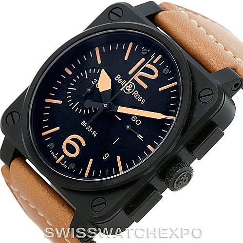 This image shows a close-up, top-down view of the Bell & Ross Heritage model watch face, bezel, and tan leather strap.