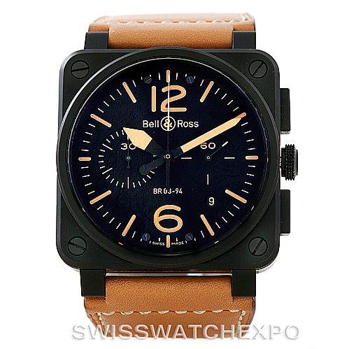 This is a front view of the Bell & Ross Heritage model watch, displaying its round dial, square case, and tan leather strap.