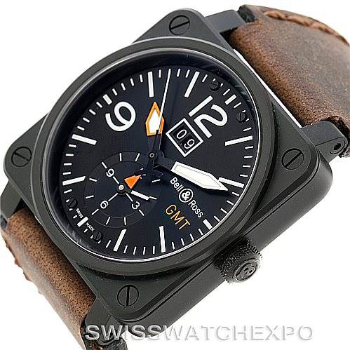 The image shows a Bell & Ross Aviation PVD Men's Watch BR03 51 at an angle emphasizing the face, crown, and brown leather strap.