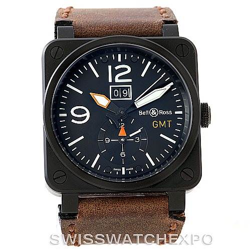 This image shows a front view of the Bell & Ross Aviation PVD Men's Watch BR0351, highlighting the dial, case, and strap.