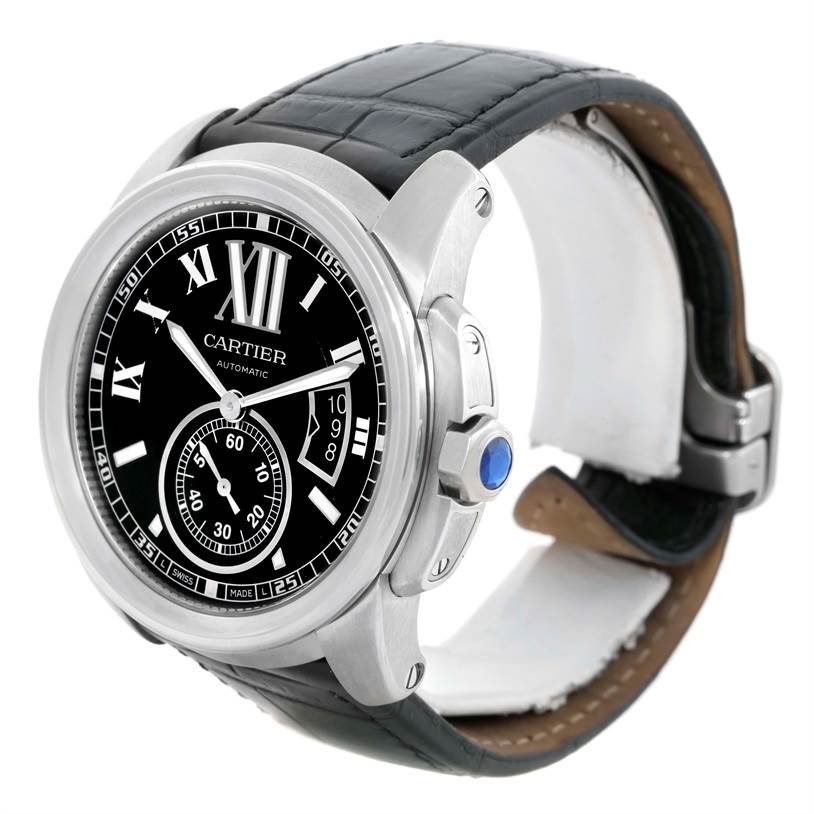 The image shows a side and front view of the Calibre de Cartier watch by Cartier, highlighting its black dial, Roman numerals, and leather strap.