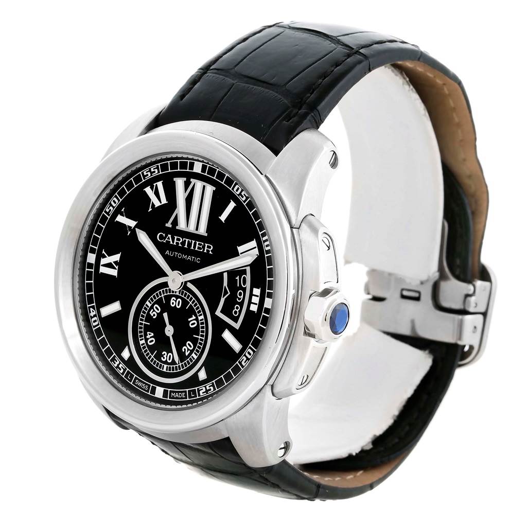 The image shows a side angle view of the Calibre de Cartier watch by Cartier, highlighting the face, crown, and leather strap.