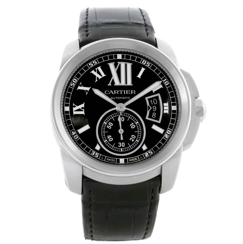 The image shows a front view of a Calibre de Cartier watch by Cartier, displaying its face and black leather strap.