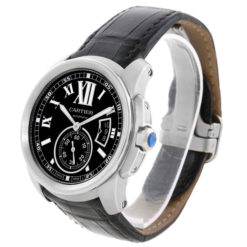 The image shows a Calibre de Cartier watch by Cartier at a slight side angle, displaying the face, bezel, crown, and leather strap.