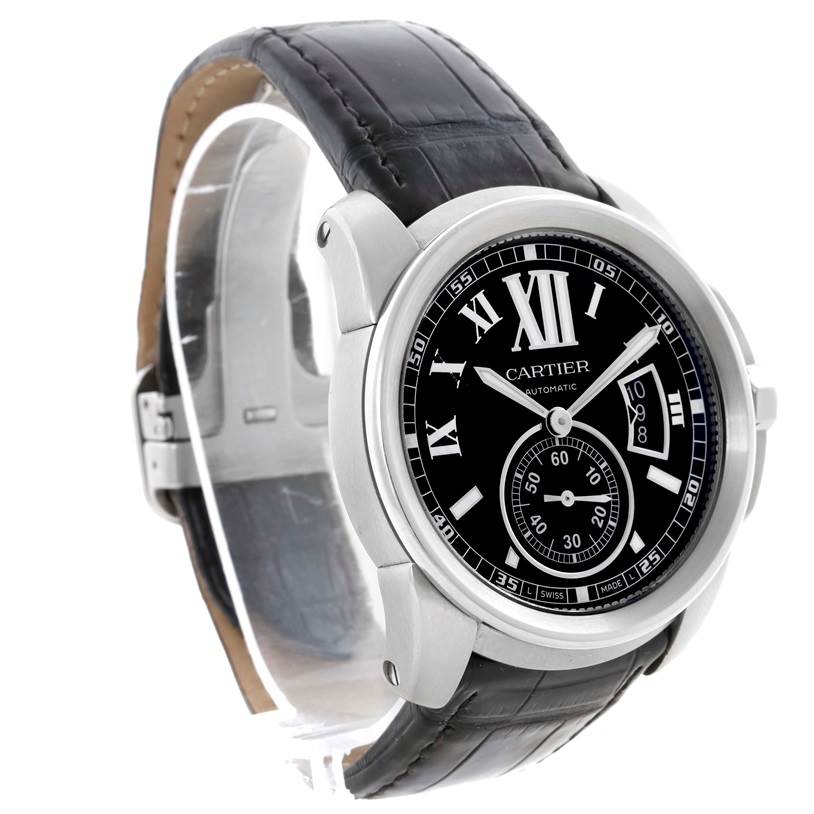 The image shows a Calibre de Cartier watch by Cartier from a three-quarter angle, highlighting its black leather strap, dial, and case.