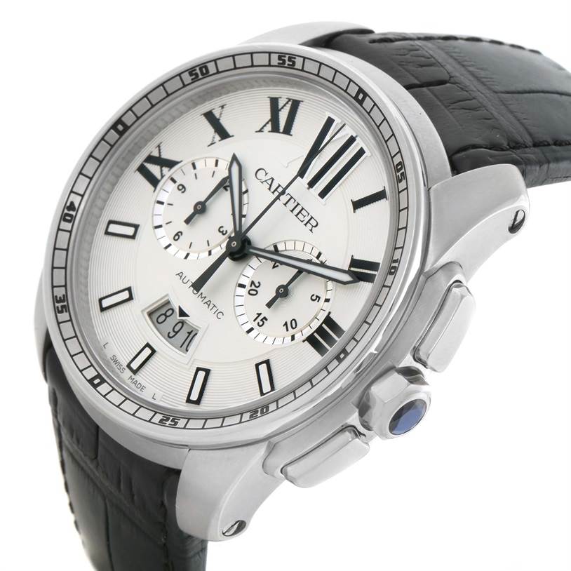 The image shows a side view of the Calibre de Cartier watch by Cartier, highlighting the front dial, bezel, crown, and part of the leather strap.