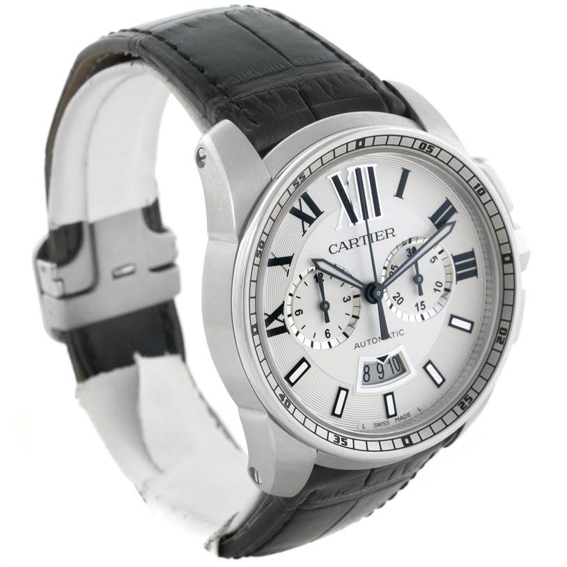 The image shows a Calibre de Cartier watch by Cartier from an angled side view displaying the face, strap, and part of the clasp.