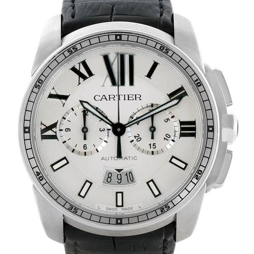 Photo of Cartier Calibre Chronograph Silver Dial Steel Mens Watch W7100046