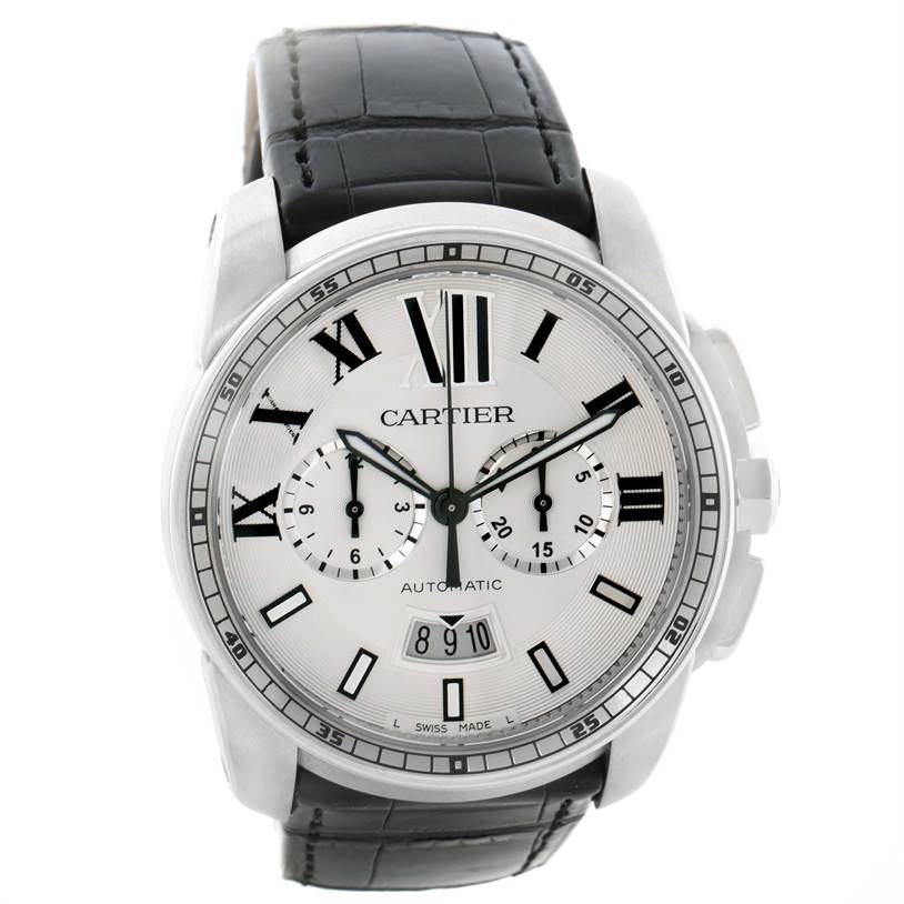 The Calibre de Cartier watch is shown from the front, highlighting its face, bezel, dial, and leather strap.