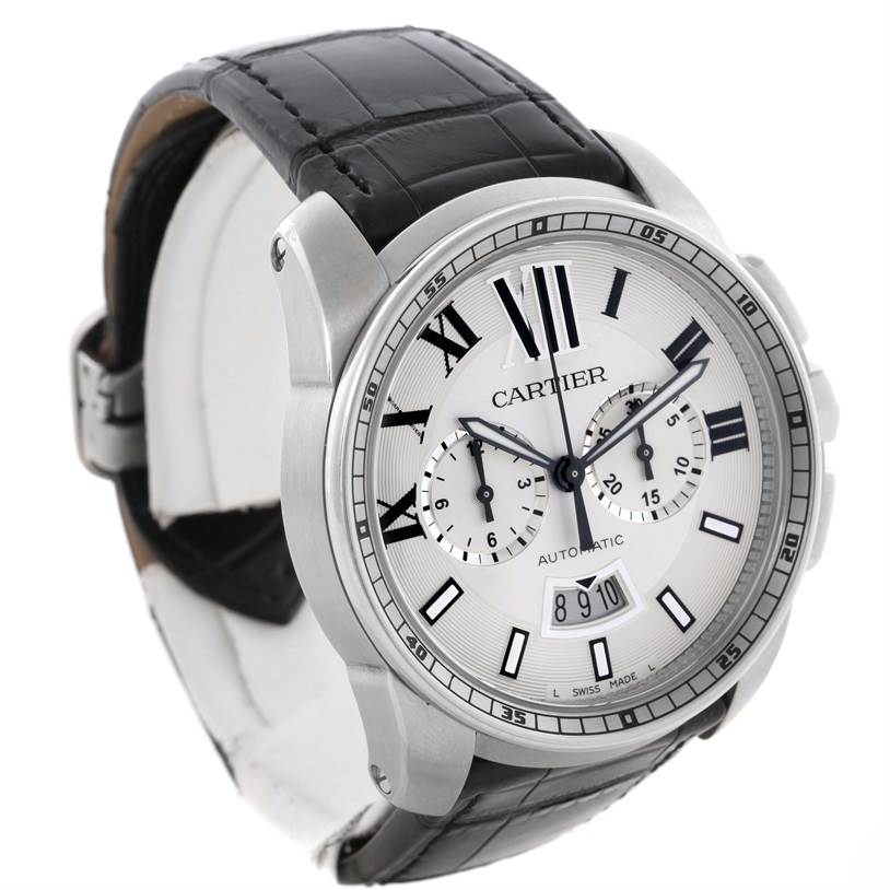 The Cartier Calibre de Cartier W7100046 Men's Stainless Steel Silver Dial W7100046 Men's Stainless Steel Silver Dial watch is shown at a three-quarter angle, displaying the dial, bezel, and leather strap.