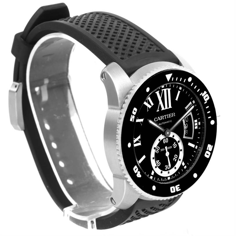 The image shows a side angle of a Calibre de Cartier watch by Cartier, highlighting the face, bezel, and strap.