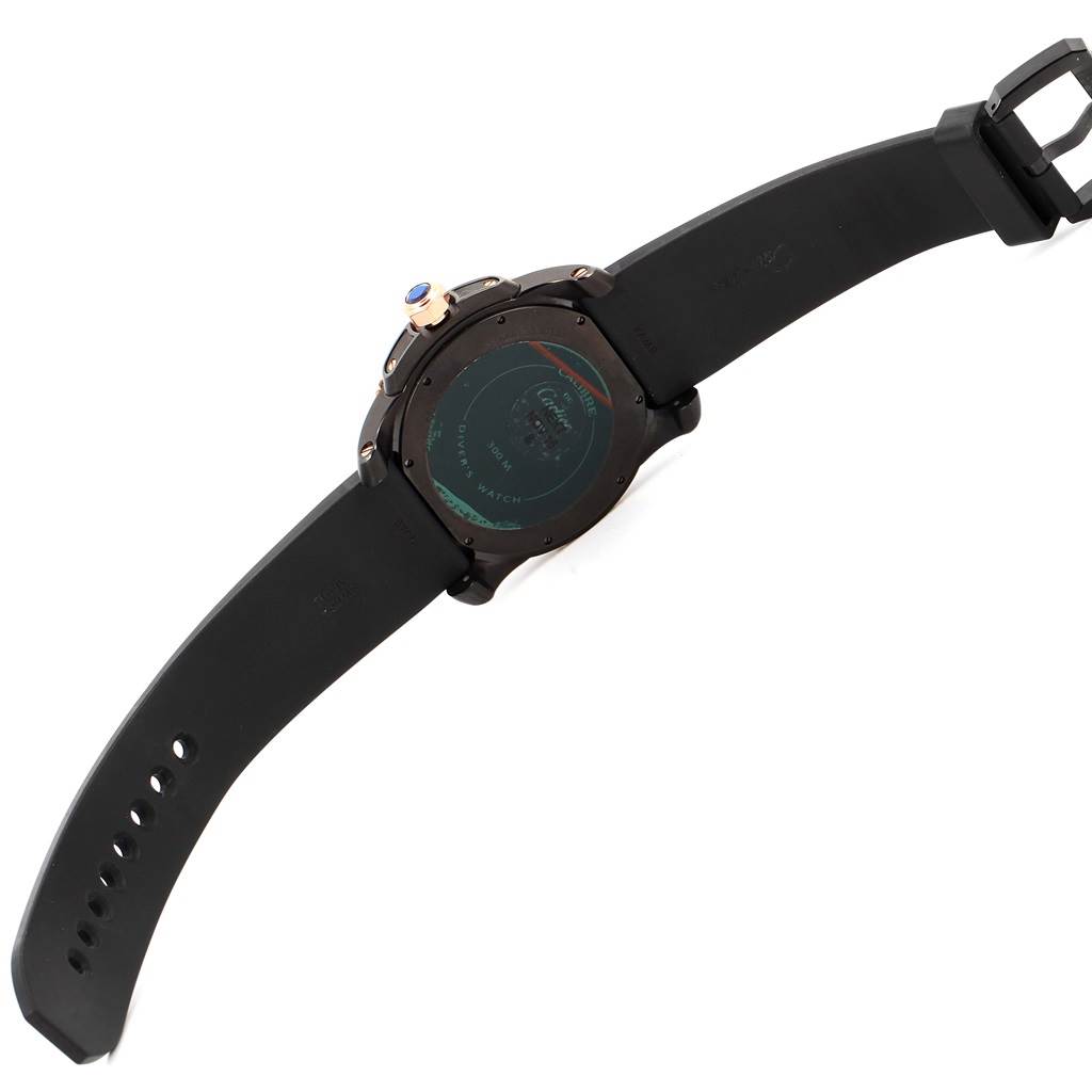 The image shows the backside and strap of a Calibre de Cartier watch by Cartier.