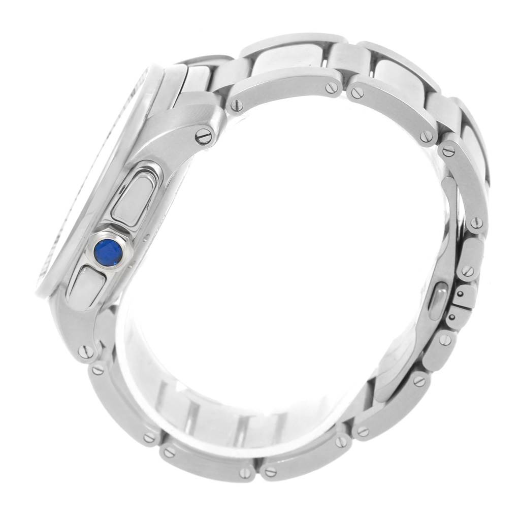 The image shows a side view of the Cartier Calibre de Cartier W7100045 Men's Stainless Steel Silver Dial W7100045 Men's Stainless Steel Silver Dial watch, highlighting its crown and band sections.