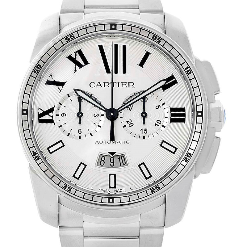 Cartier Calibre Stainless Steel Chronograph Mens Watch W7100045 SwissWatchExpo