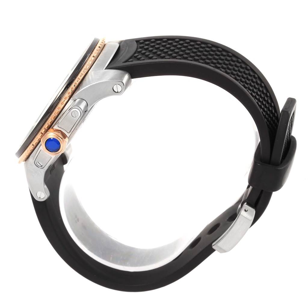 The image shows a side view of a Calibre de Cartier watch by Cartier, highlighting the bezel, crown, and strap.