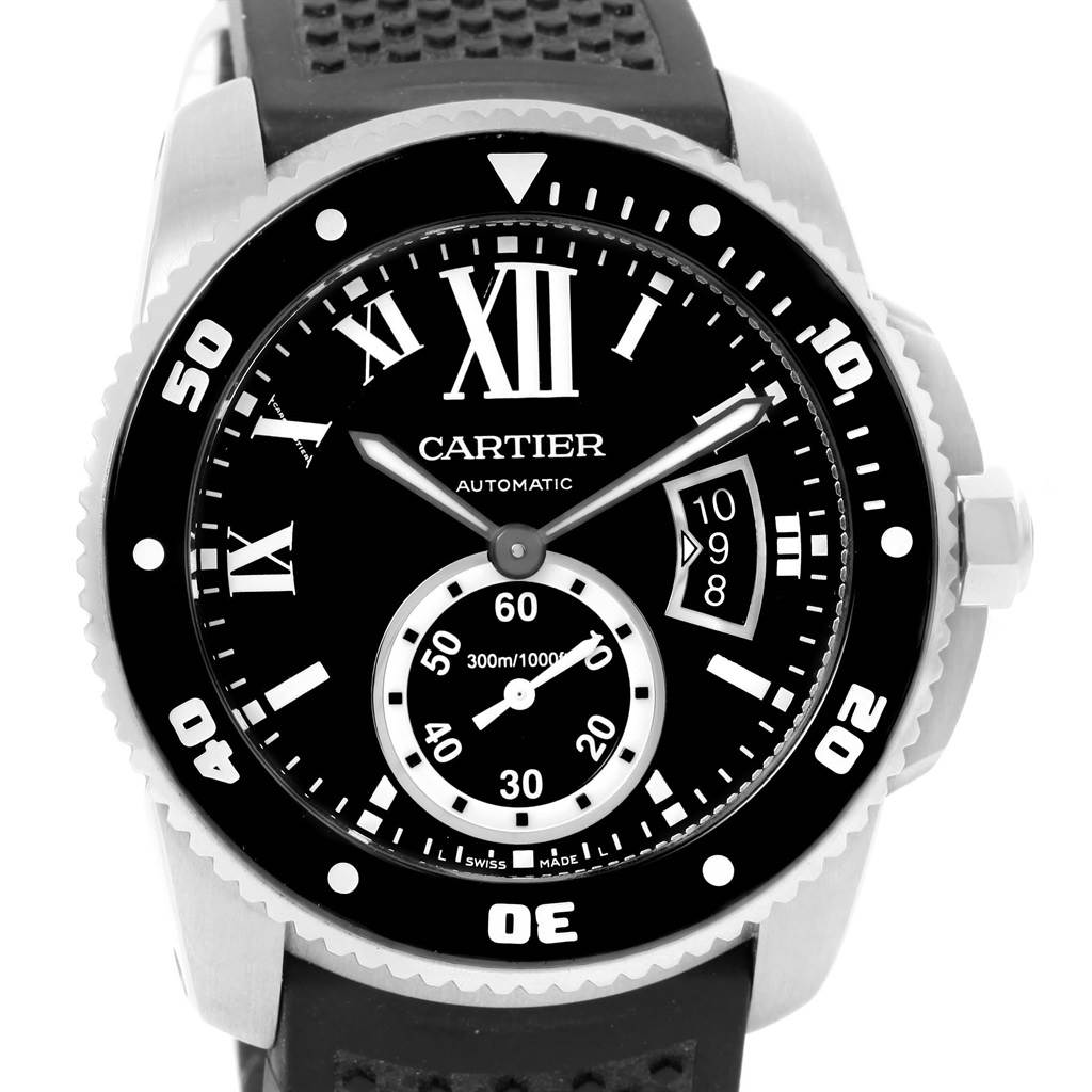 The image displays a front view of a Calibre de Cartier model by Cartier, highlighting the dial, bezel, and crown.