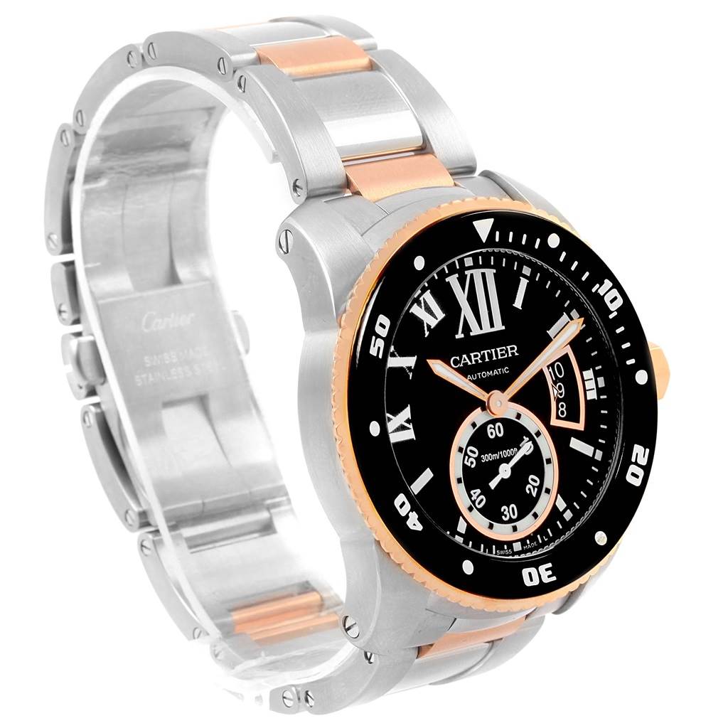 The image shows a Calibre de Cartier watch by Cartier at a 3/4 angle highlighting its bezel, dial, and part of the bracelet.