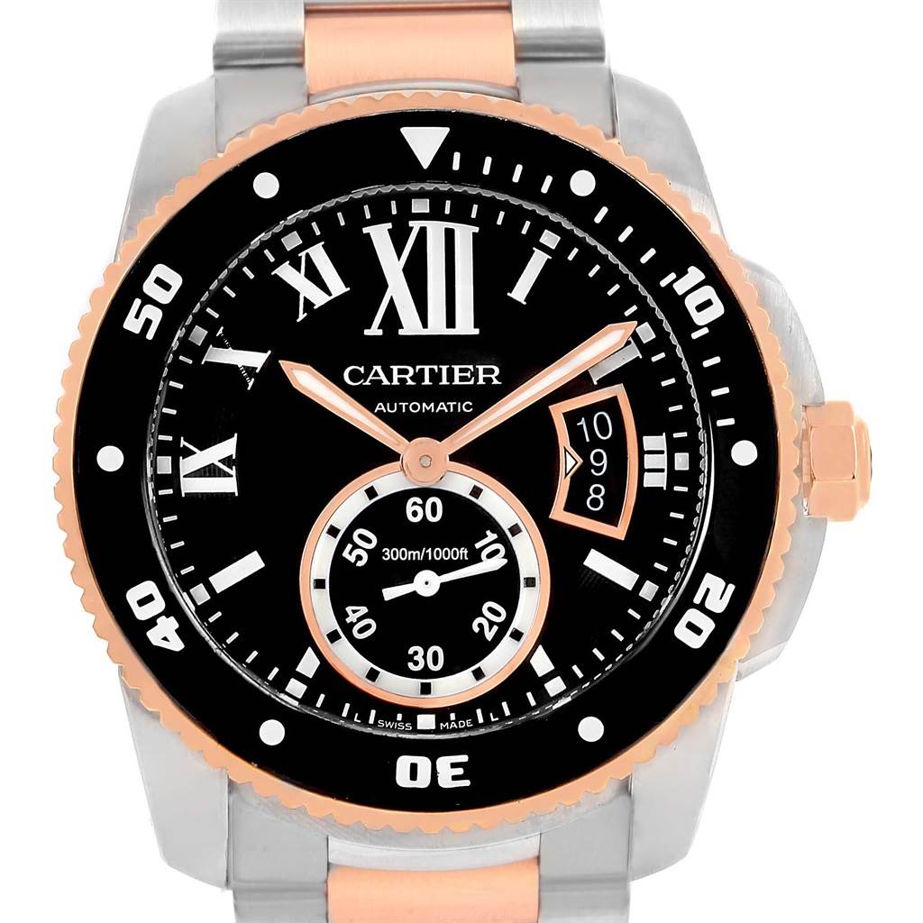 This image shows a front view of the Calibre de Cartier model by Cartier, highlighting its dial and bezel.