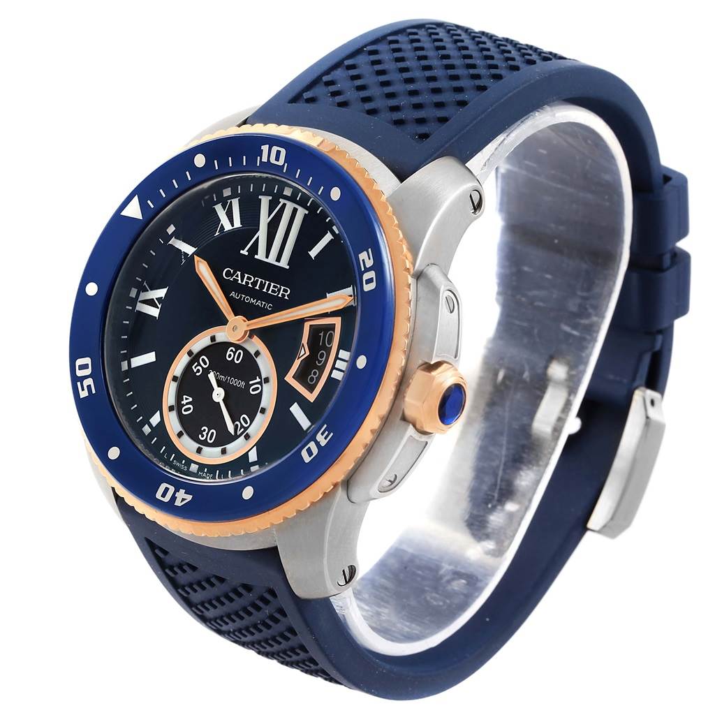 This image shows a Calibre de Cartier watch by Cartier at a three-quarter angle, displaying the face, bezel, and strap.