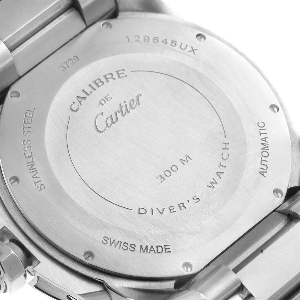The image shows the back of a Calibre de Cartier watch by Cartier, displaying its model information and specifications.